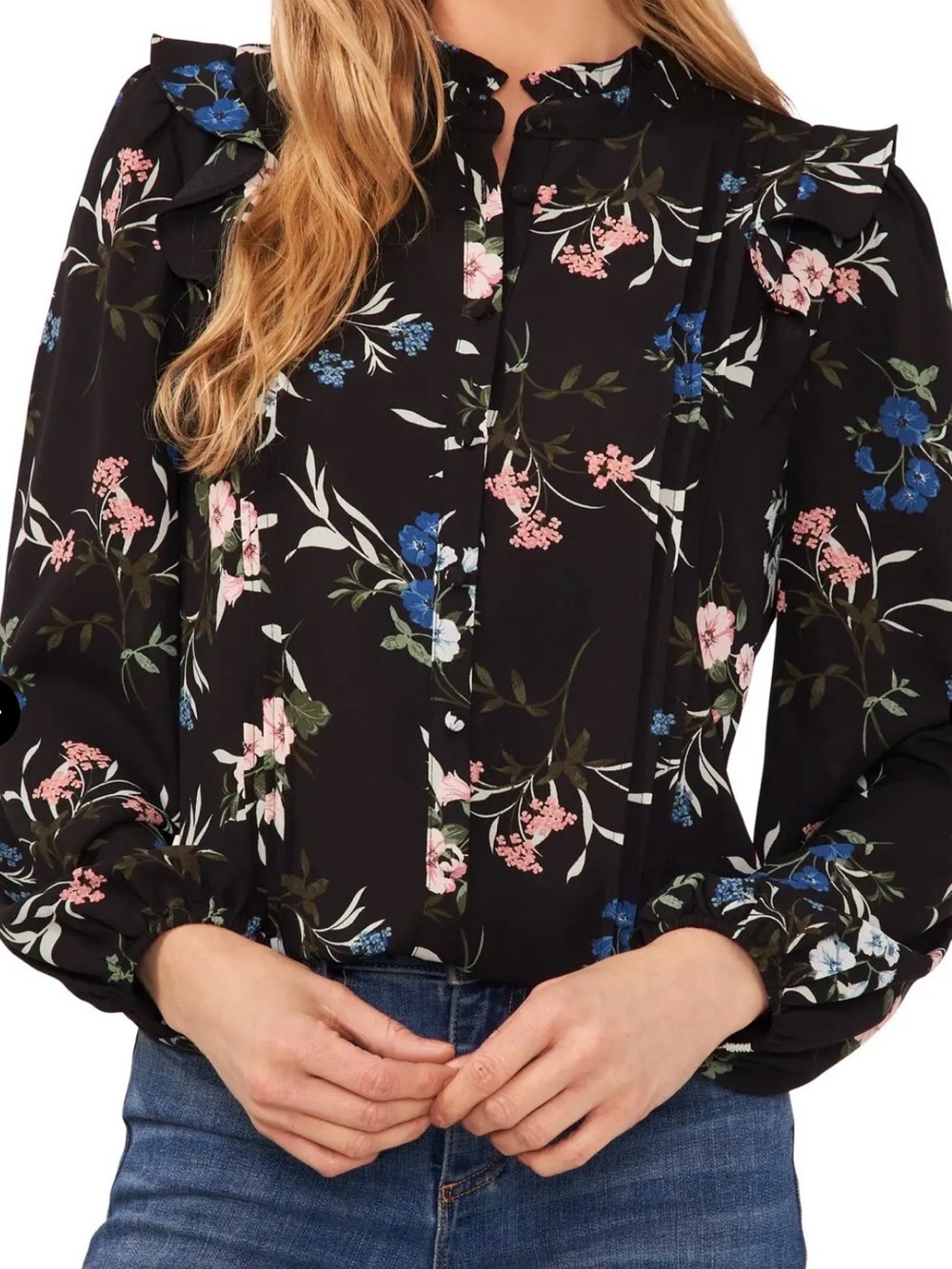 CeCe Black Floral Ruffle-Shoulder Blouse Long Sleeve Top Casual Career Work